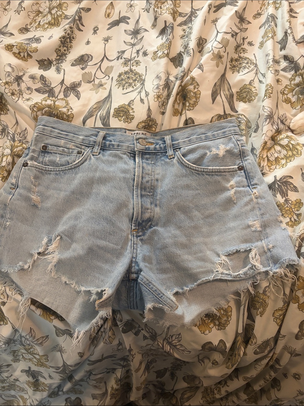 Agolde Light Blue Distressed Denim Shorts - Women